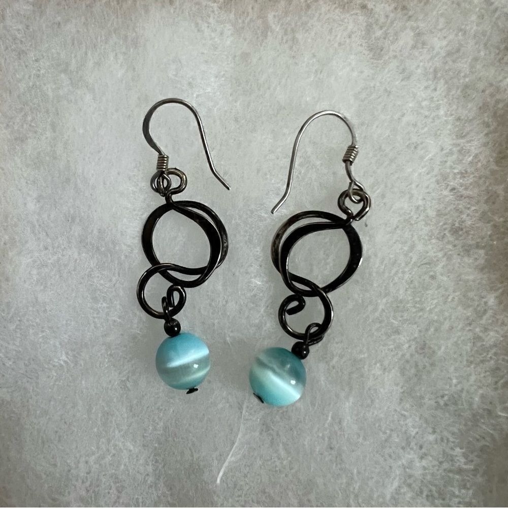 OOAK artisan dangle earrings with turquoise color tigers eye sphere Vintage 2000